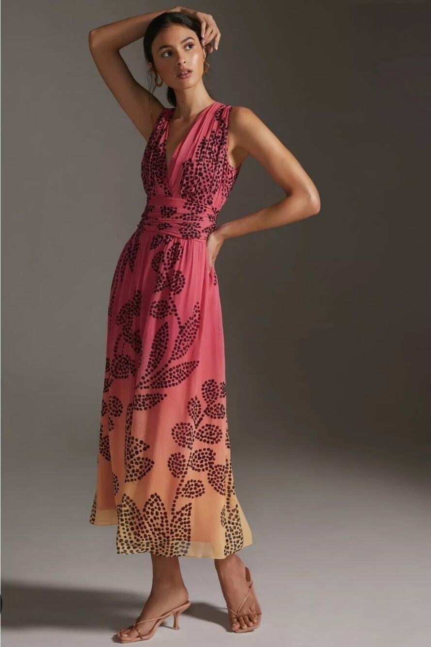 Anthropologie Pink-to-Peach Ombre Midi Dress with Black Floral Motif